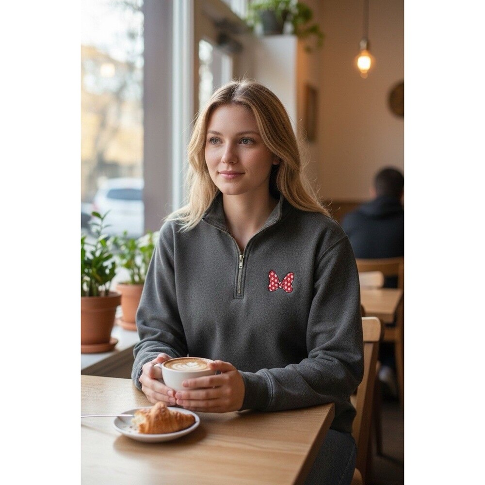 Disney Embroidered Minnie Mouse Bow Gray Quarter Zip Sweatshirt Women's Large